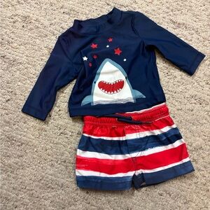 Shark Print Kids Swim Set - Navy and Red